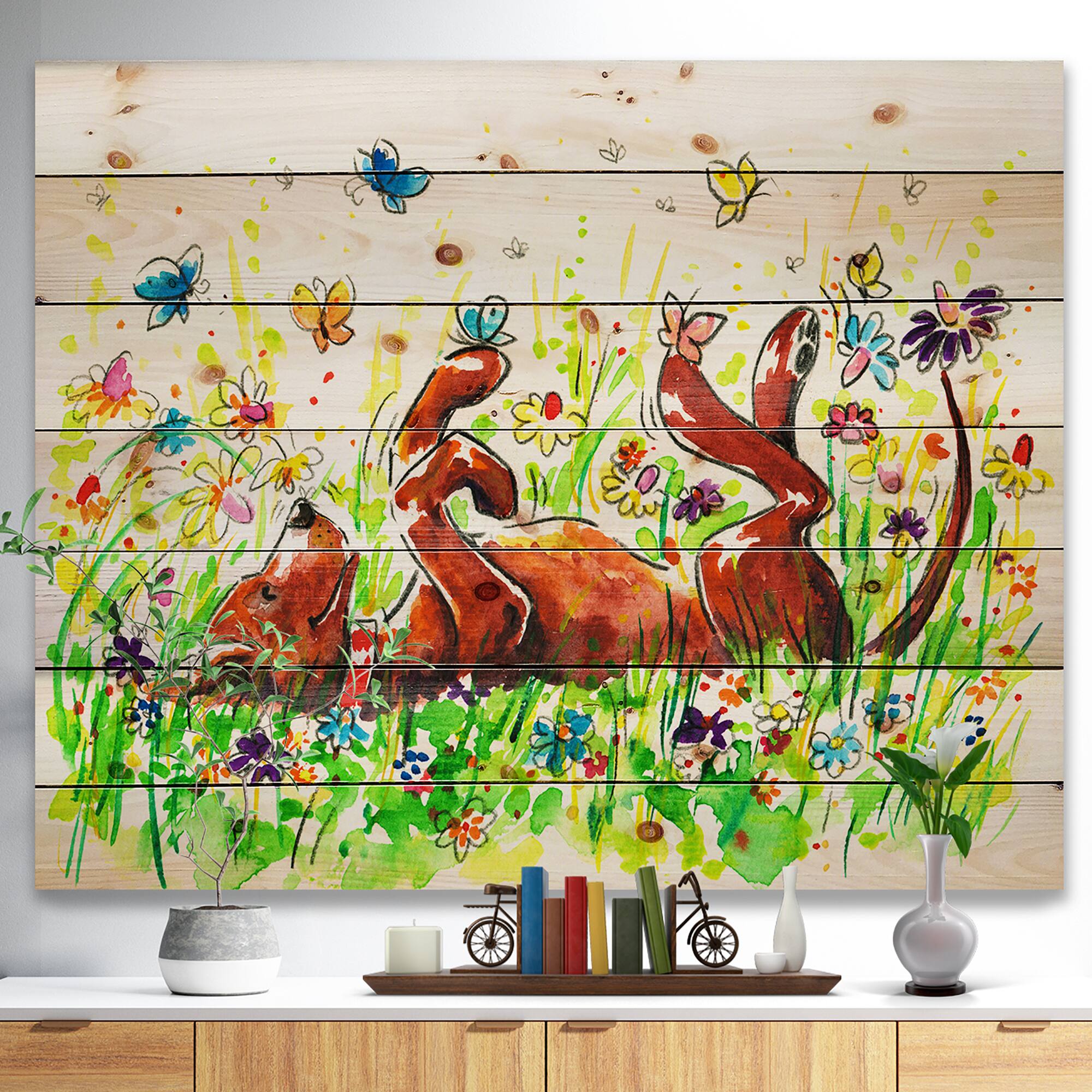 Designart - Happy Brown dog with Flowers and Butterfly